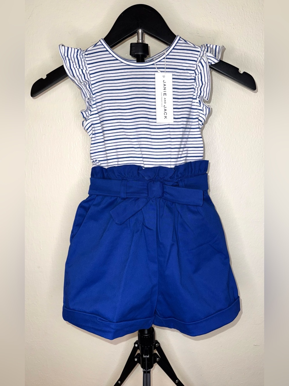 Janie and Jack blue and white Striped Paperbag Waist Romper, size 4, NWT
